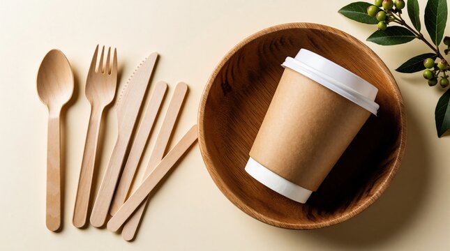 Wooden cutlery and coffee cup arranged on beige backdrop. Eco friendly tableware, biodegradable materials, zero waste concept, simple serving items. Sustainable picnic dishware.