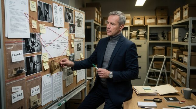 Detective Investigating a Complex Case On A Corkboard With Evidence And Red String Connections