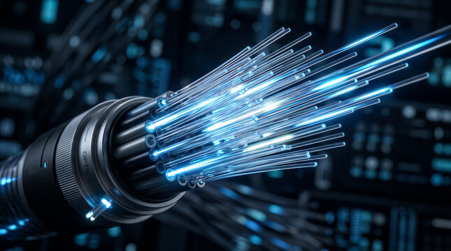 Fiber optic cable emitting bright blue light in data center. Technology, internet infrastructure, digital communication, high speed.