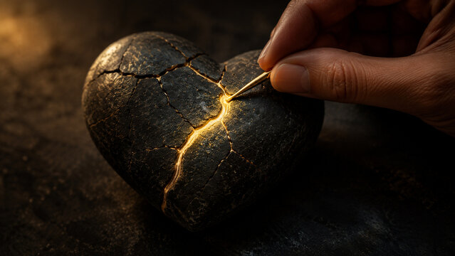Emotional healing and heart mending concept, a hand using a precise tool to fill the cracks of a stone heart with glowing gold symbolizing recovery, resilience, hope, and inner strength   