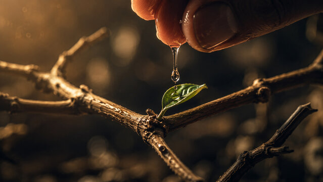 Close-up of a human hand dropping a single drop of water onto a tiny green leaf sprouting from a dry, dead wooden branch, symbolizing hope, survival, new life, and ecological preservation.