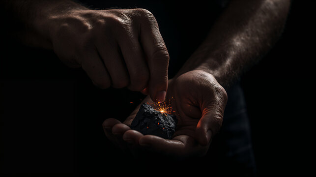 Close-up of a person's hands holding a dark stone or piece of coal while striking it to create bright glowing sparks and fire embers against a dark moody background.