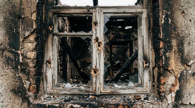 Devastated Window Frame With Shattered Glass And Burned Walls Evokes Resilience