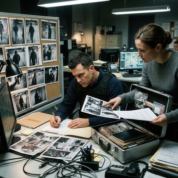 Detective Duo Reviewing Crime Scene Evidence In Busy Office