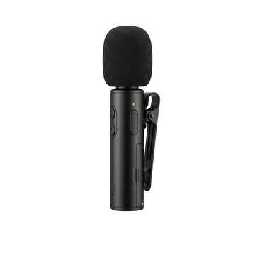 Black wireless lavalier microphone with foam windscreen isolated on transparent background