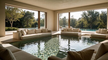 Obraz premium Modern luxury villa interior with indoor swimming pool. Sunlit living room features large floor to ceiling windows, comfortable white sofas, scenic garden view. Minimalist lounge design offers
