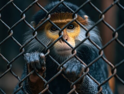 A closeup portrait of a colorful monkey behind a metal chainlink fence, highlighting its expressive eyes and textured fur in a captive environment
