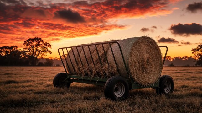 Hay bale feeder sits in empty grassy field during dramatic sunrise with orange sky. Rural landscape at dawn shows agriculture equipment. Farm scene evokes solitude, quietness.