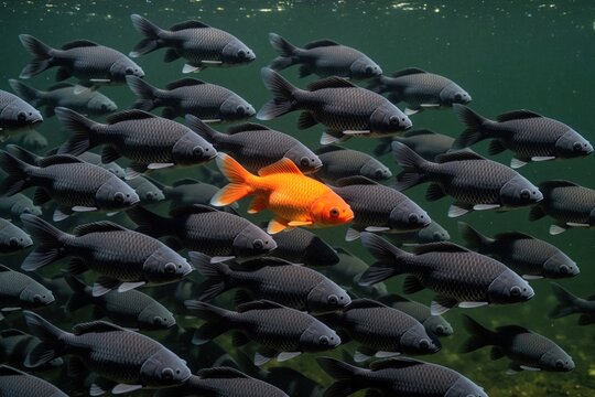 School of dark fish swims in green water. One bright orange goldfish stands out. They move together in aquatic environment. This unique contrast highlights individuality and difference.
