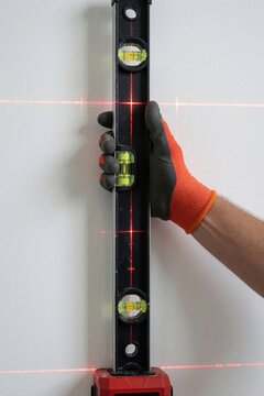 Builder uses laser level tool with bubble vials for precise wall alignment. Red cross laser lines assist in construction project for accurate measurements and perfect levels.