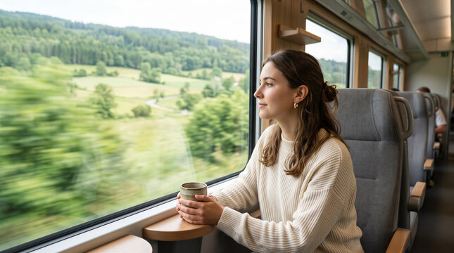 Woman holding mug while looking out train window at passing green landscape. Travel, tourism, rail journey, relaxation.