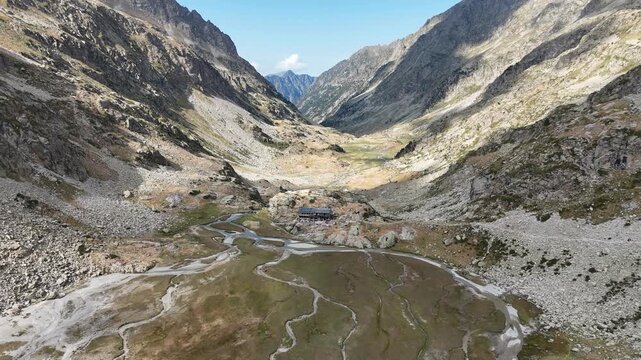 Aerial View of a Mountain Hut in the French Pyrenees Near Vignemale Mountain
