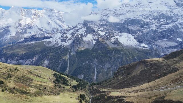 Aerial View of Snow Covered Mountains in the Alps Near Murren Switzerland