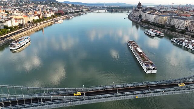 Aerial View of the Danube River Historic Buildings and Parliament in Budapest Hungary