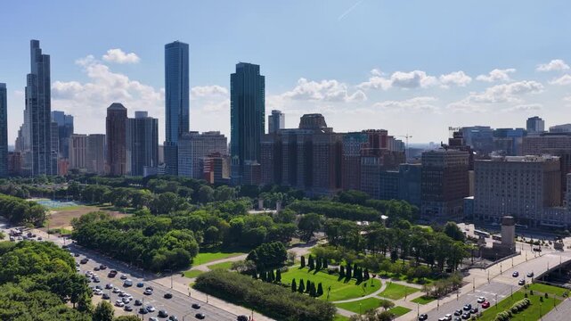 Aerial footage of Skyscrapers and office buildings in the skyline in Chicago Illinois USA