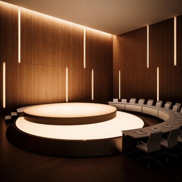 Modern conference hall features circular illuminated stage with warm wooden walls. Minimalist interior design with ambient lighting, curved desks for meetings. Empty seminar room with premium seating