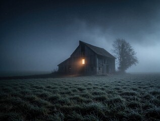 Obraz premium Old barn with one lit window glows on foggy night field under starry sky. Spooky rural building at dusk with mist and frost on grass. Mysterious atmosphere.