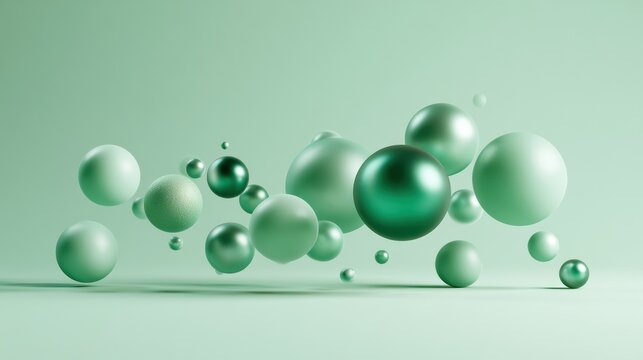 Soft green spheres of different sizes float in the air against a smooth backdrop. The spheres vary in shade and size, creating a dynamic visual.