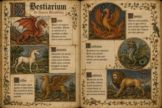 Medieval Bestiary Manuscript with Dragon Unicorn Griffin Phoenix Basilisk and Manticore
