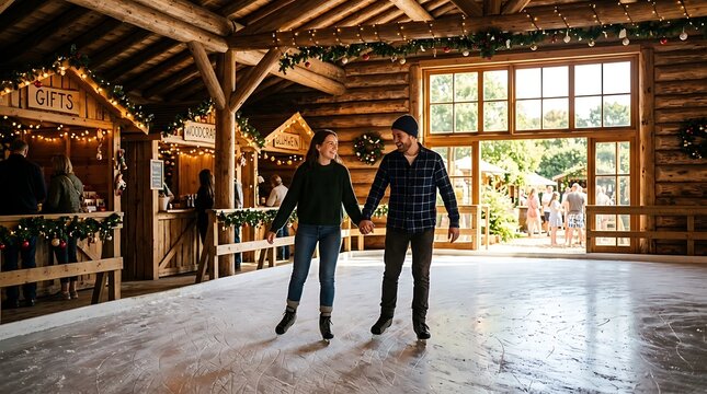 A happy couple holding hands while ice skating together inside a rustic wooden lodge hall with decorated festive greenery market stalls background