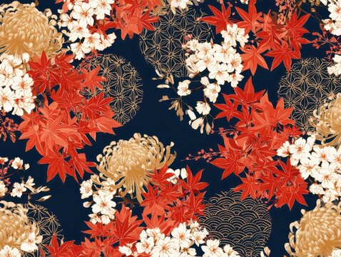 Japanese traditional floral pattern with cherry blossoms, maple leaves, and chrysanthemums on a dark blue background, seamless textile design illustration