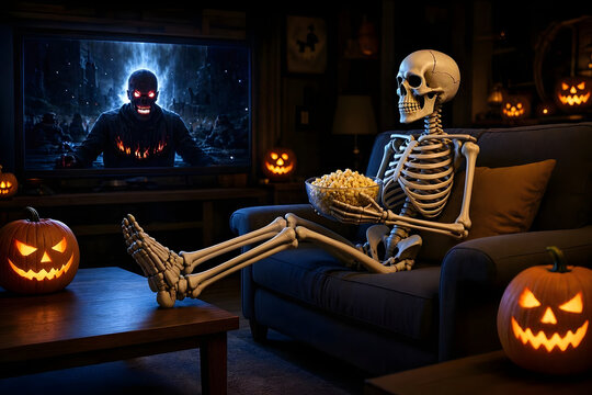 Funny Skeleton watching horror movie in halloween decorated house in realistic style