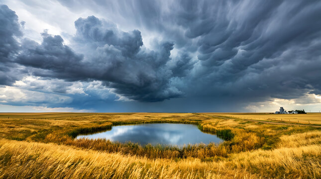 Ominous dark storm clouds rolling over a grassy plain with a small reflective pond in the foreground dark sky weather front prairie landscape stormy weather
