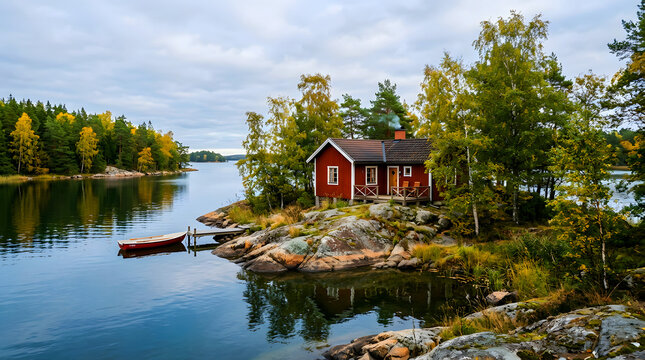 Traditional red wooden cottage on a rocky island surrounded by calm lake water and lush autumn trees with wooden cabin scandinavian house water reflection