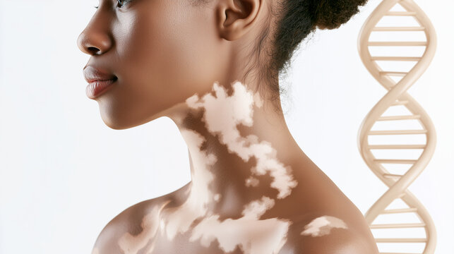 Woman with visible vitiligo patches on her neck and shoulder shown in side profile beside a DNA double helix, genetic skin condition, melanocyte loss, autoimmune pigmentation disor