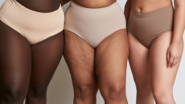 Cropped body view of three diverse women standing closely together in neutral underwear, showing different leg shapes and natural skin tones, body diversity, size inclusion, cellul