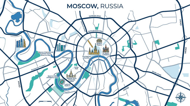 Stylized Map Illustrating Moscow Russia's Iconic Landmarks and Ring Roads