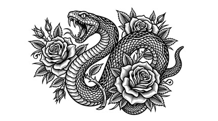 Fototapeta premium Aggressive coiled snake with open jaws surrounded by detailed blooming roses in sharp black ink style