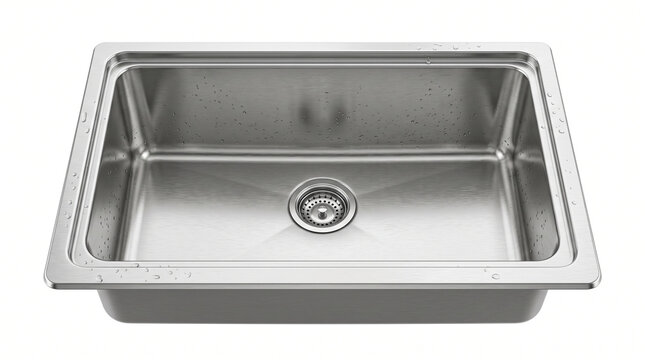 Photorealistic deep rectangular stainless-steel kitchen sink viewed slightly from above, realistic brushed-metal finish, detailed basin corners, drain opening and subtle water droplets