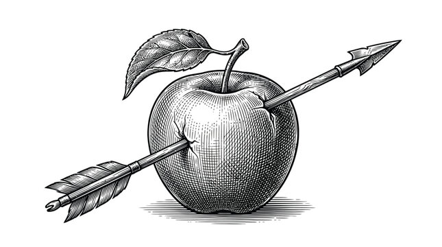 Detailed engraving illustration depicting a crisp red apple pierced by a sharp wooden hunting arrow