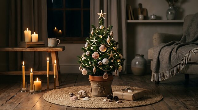 Small christmas tree decorated with seashells and fairy lights in a cozy rustic living room with lights stands burlap dimly lit rustic burlap pot jute