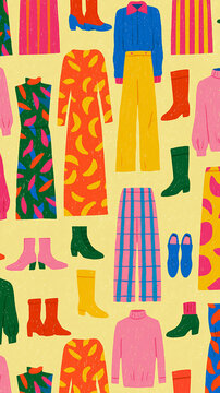 Colorful clothing patterns featuring dresses, pants, and boots in a vibrant design.