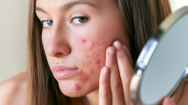 Woman examining red acne and irritated skin on her cheek in a round mirror, facial breakout, acne vulgaris, inflammatory papules, blemishes, clogged pores, comedones, skin redness,