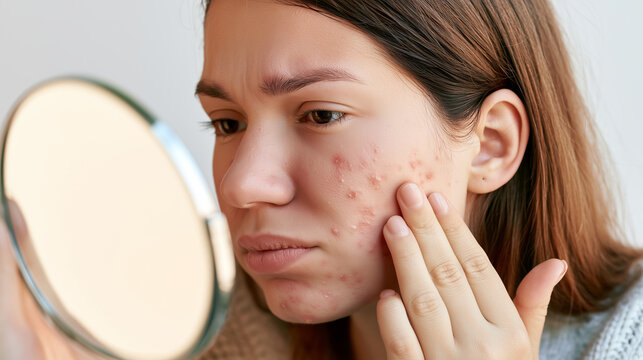 Woman examining red acne and irritated skin on her cheek in a round mirror, facial breakout, acne vulgaris, inflammatory papules, blemishes, clogged pores, comedones, skin redness,