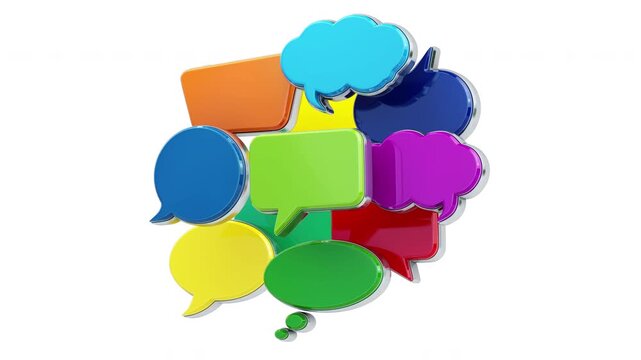 Floating speech bubbles in different colors. Communication and conversation concept. 3d animation