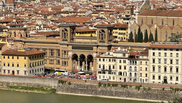 Architectural facade of National Central Library and river embankment in Florence Italy for urban design study