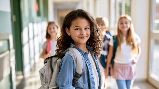 Happy young student looking at the camera while moving along a sunlit hallway among other children, back to school, fall semester, primary education, campus life, peer group, schoo