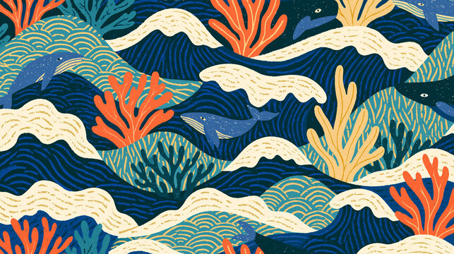 Colorful ocean scene with whales, coral, and stylized waves in vibrant hues.