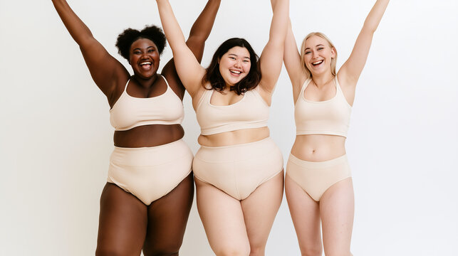 Three diverse women in neutral underwear standing together with arms raised and smiling, different body shapes and natural skin tones, body diversity, plus size, curvy physique, sl