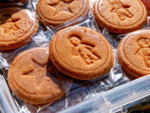 A collection of round, goldenbrown cookies with embossed figures like stars and gingerbread men, individually wrapped in clear plastic packaging