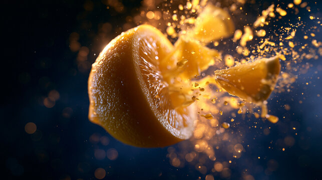 Fresh Orange Exploding with Juice Droplets in Motion