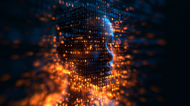 Artificial Intelligence Human Face Formed by Glowing Binary Code