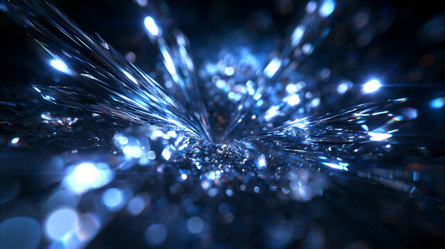 Abstract Crystal Explosion with Glowing Blue Light Particles