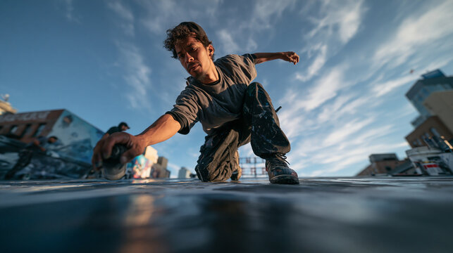 Street Artist Spray Painting on Urban Rooftop