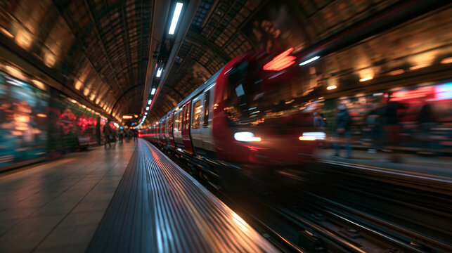 Motion Blur of Subway Train Arriving at Underground Station Platform