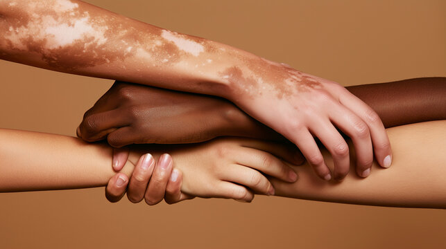Multiethnic arms linked together through firm wrist holds against a warm brown background, one showing irregular white macules, melanocyte loss, hypopigmentation, autoimmune dermat